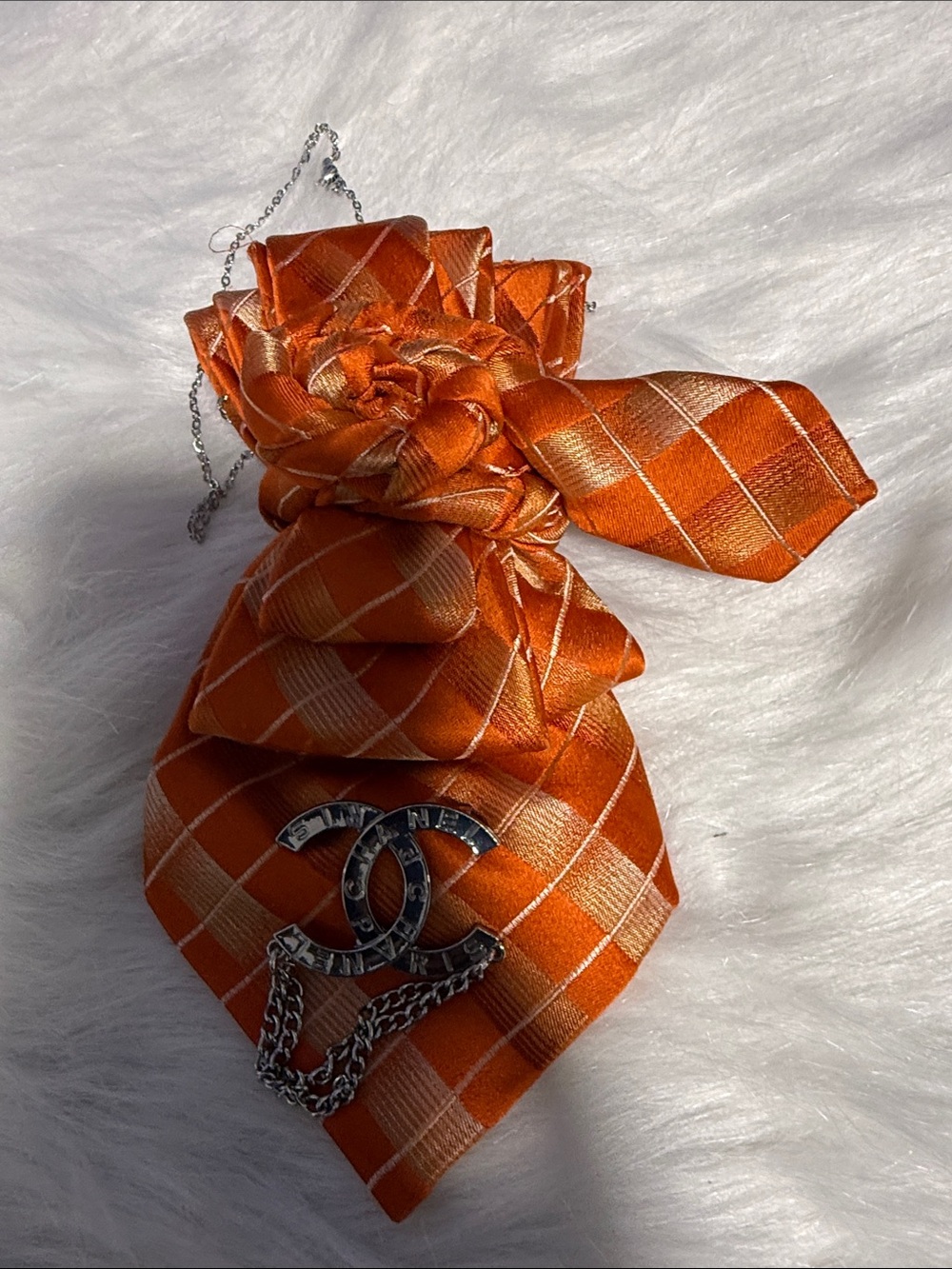 Orange Plaid Satin Junk Tie / Brooch Accessory with Silver Chain